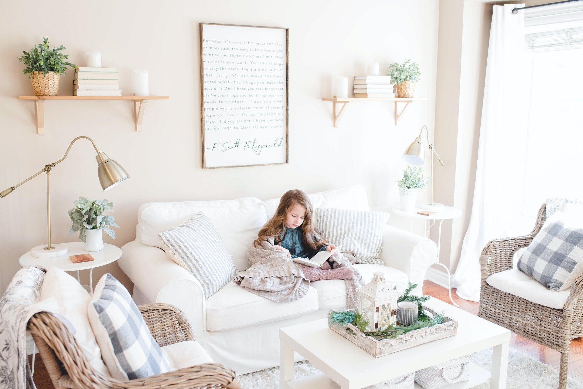 girl sitting on couch in living room