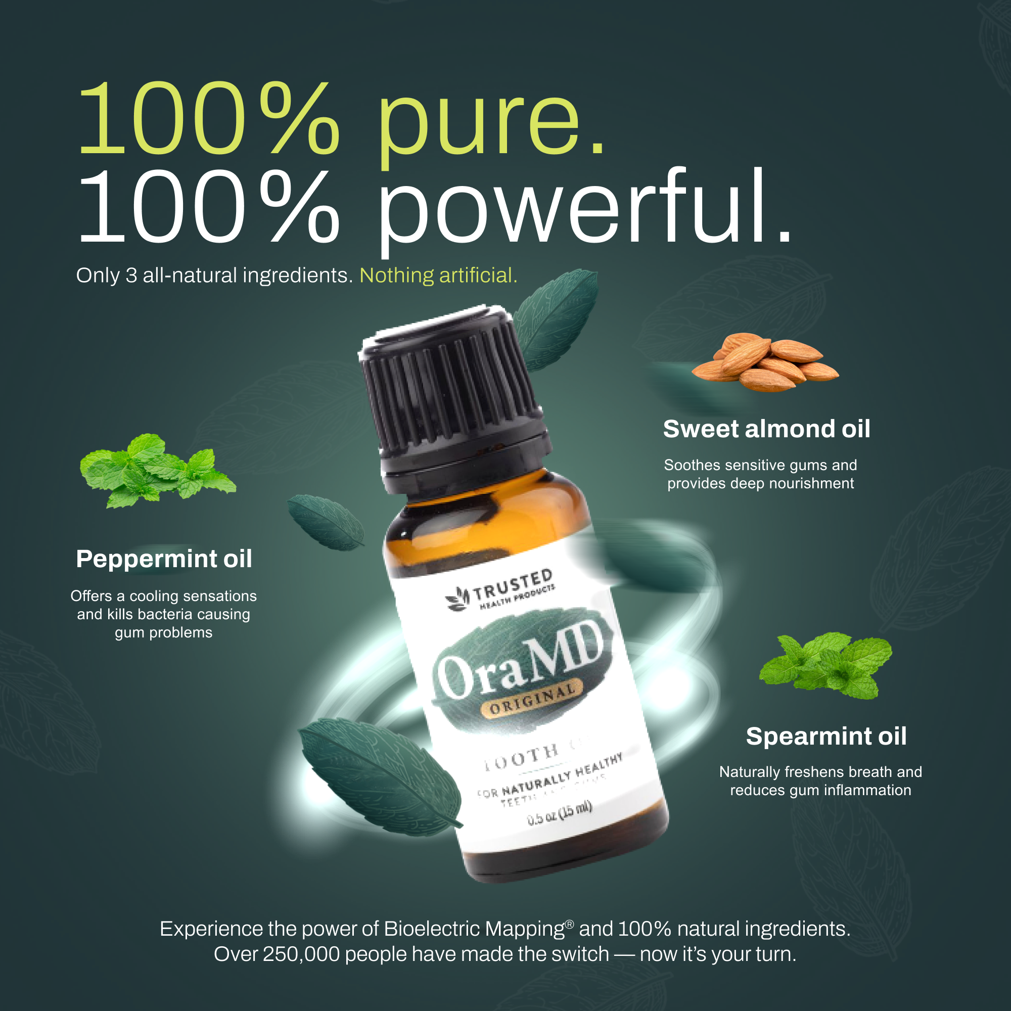 OraMD essential oil bottle with ingredients and benefits on a dark green background