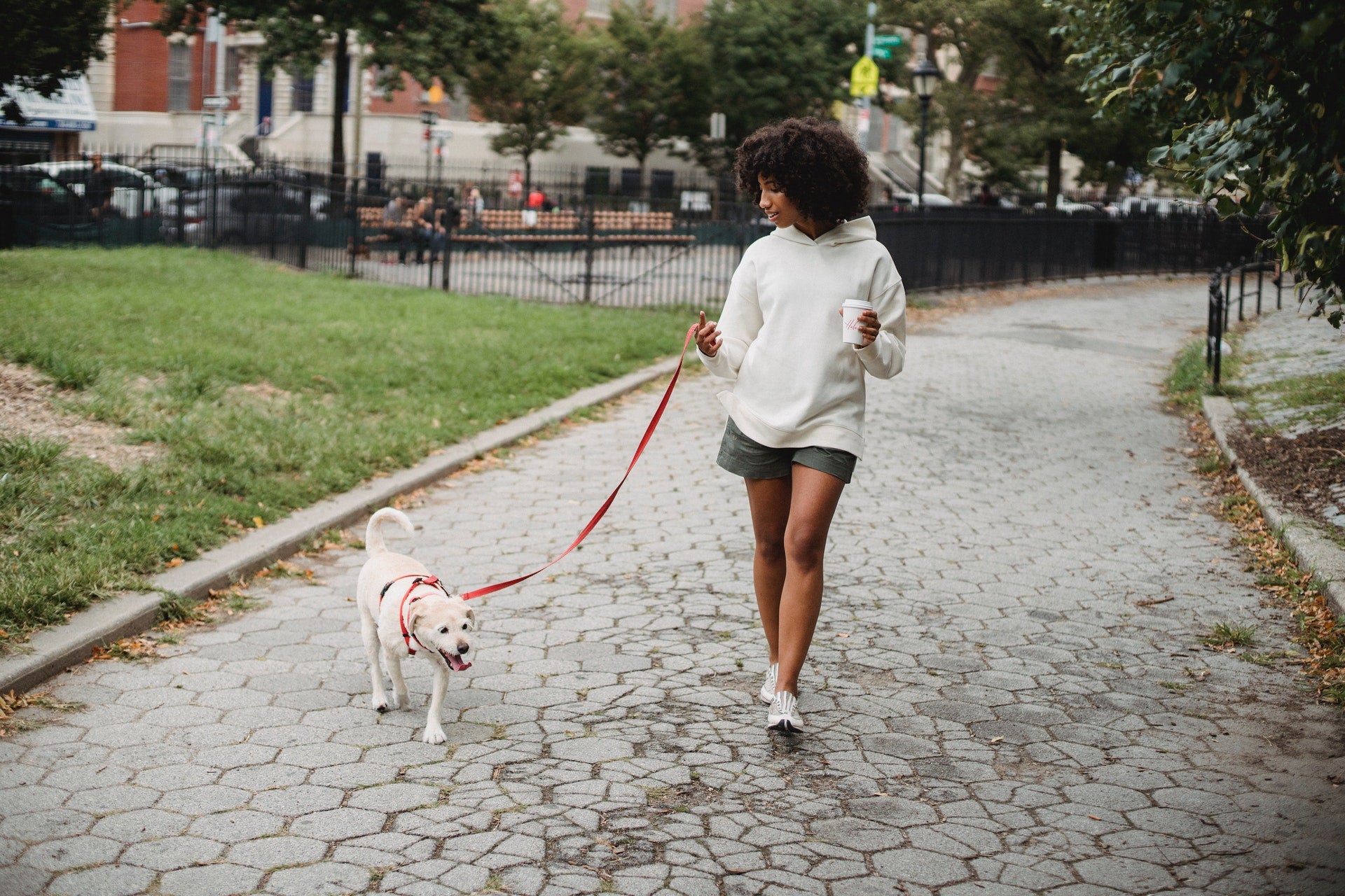 woman walking dog for summer activity