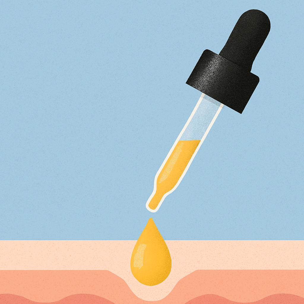 Yellow liquid being dripped onto skin with a blue background