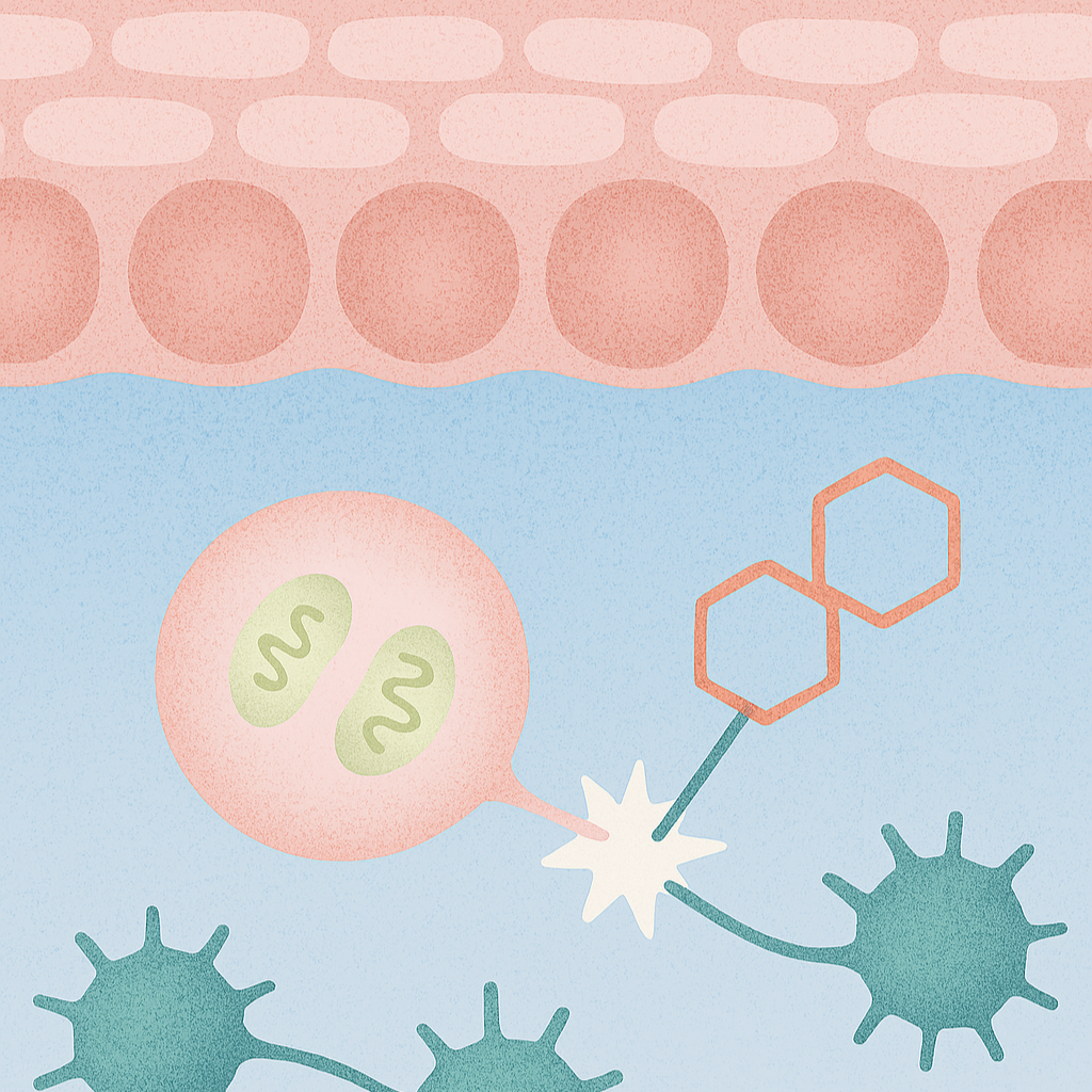 Illustration of skin cells and immune system components on a pink and blue background