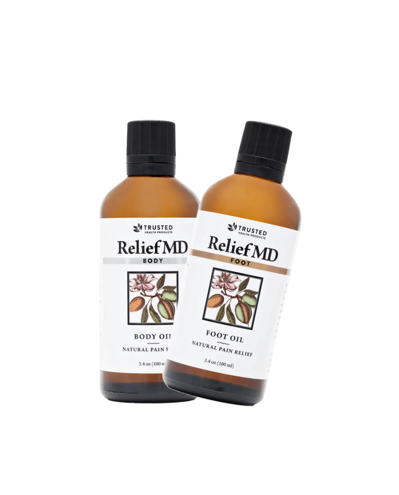 Two bottles of Relief MD body and foot oil on a white background