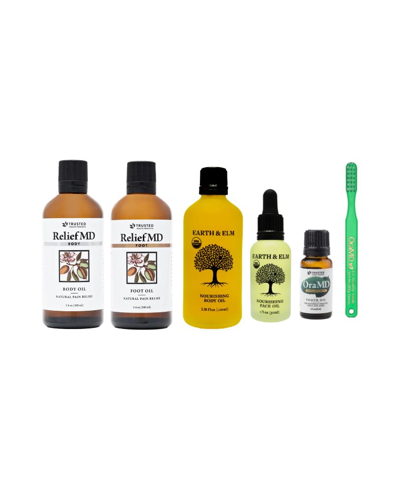 Collection of skincare and hair care products including bottles and a toothbrush on a white background