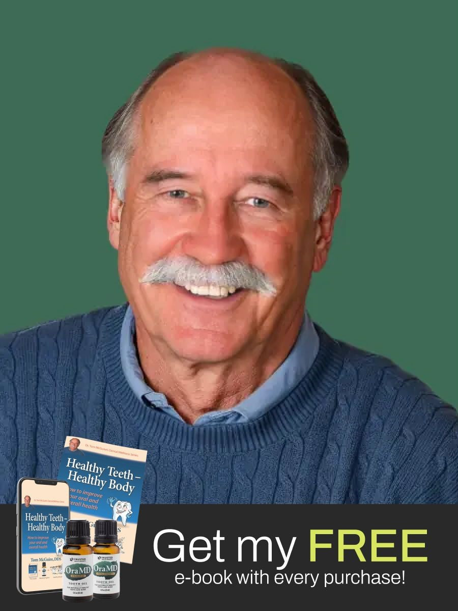 Doctor with a mustache and blue sweater holding health products with promotional text.