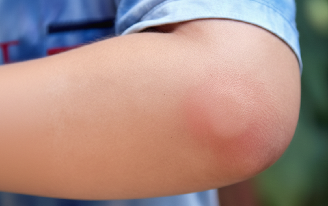 Close-up of a child's arm with a red mark, possibly a bruise or insect bite, against a blurred background.