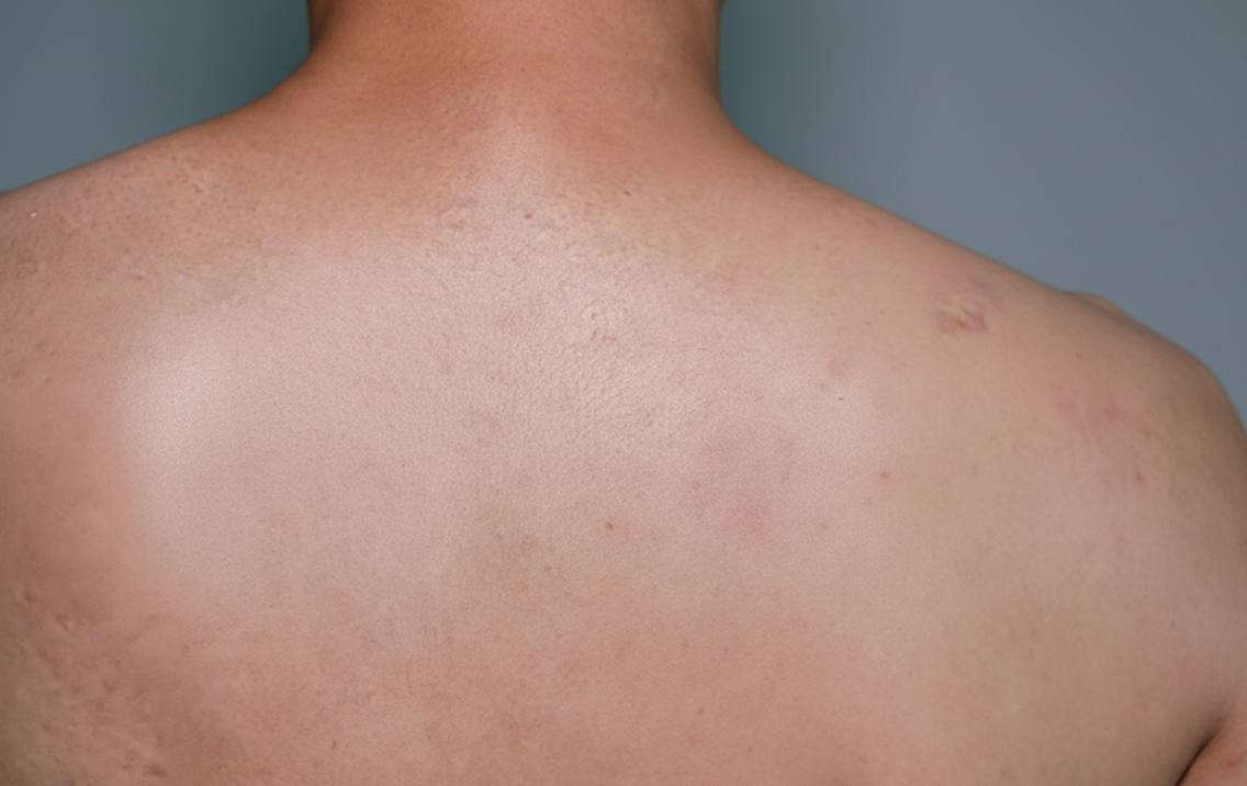 Back of a person with visible skin texture and slight blemishes on a neutral background
