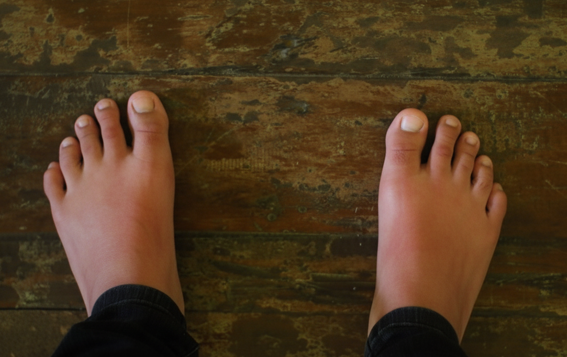 Two feet standing on a wooden floor