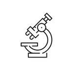 Black and white icon of a microscope on a white background