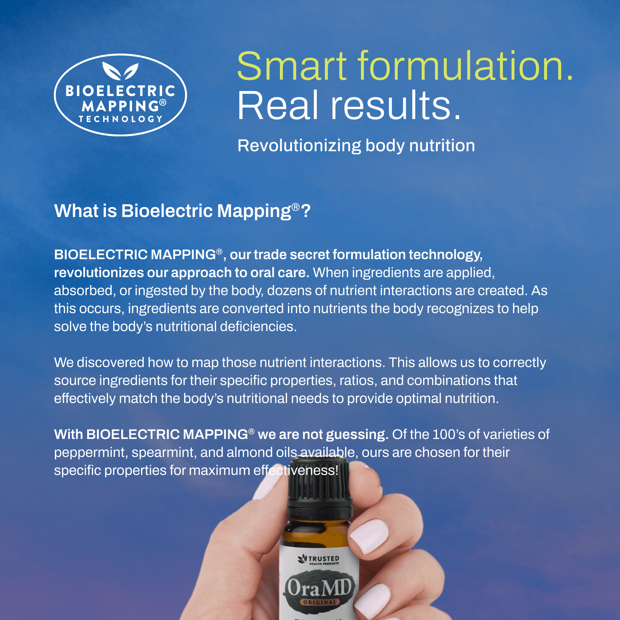 Promotional image for Bioelectric Mapping technology with a bottle of OraMD product.